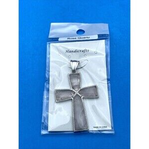 Vintage Rose Quartz Cross Pendant in Original Package Silver Tone Religious